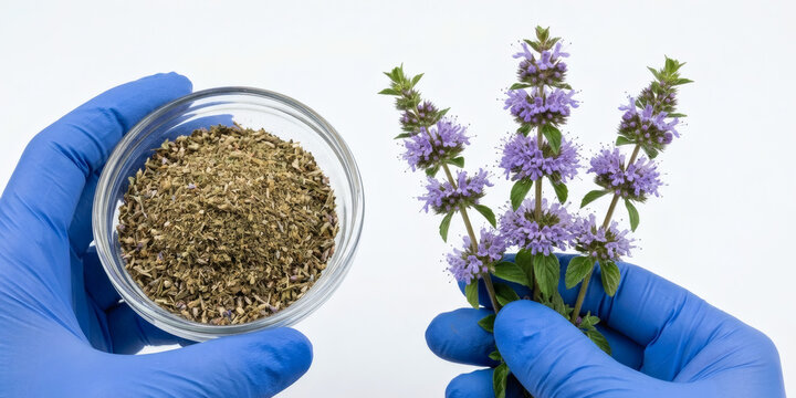Researcher hands in blue medical gloves holding fresh pennyroyal flowers and glass bowl of dried crushed pennyroyal tea leaves on white background