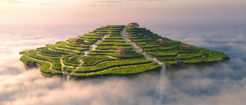 Pyramid Terraced Island Stone Paths Waterfalls
