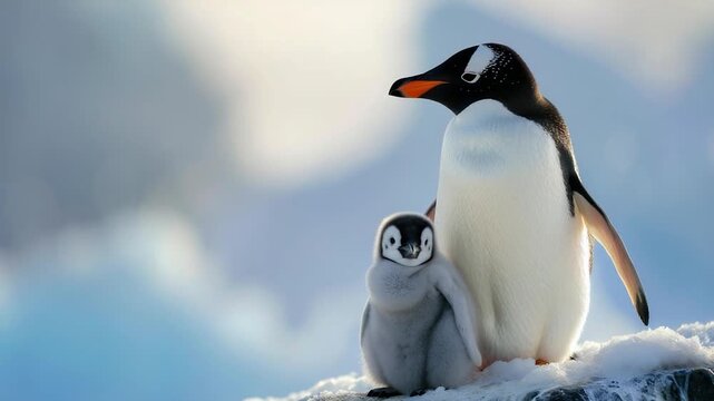 Video A parent penguin stands beside its young one on a snowy hill, a heartwarming scene