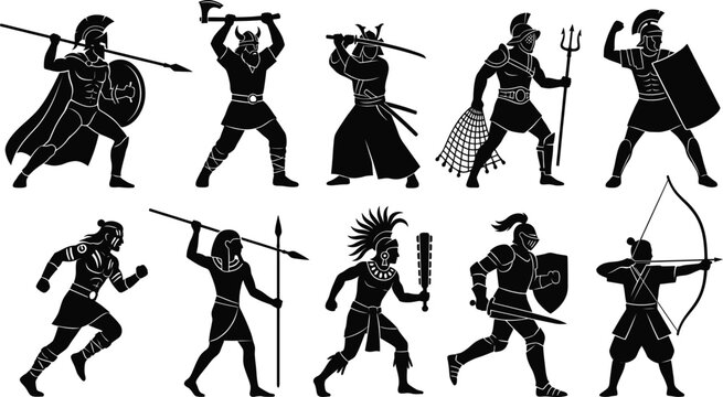Ancient warriors silhouettes with diverse weapons and armors in dynamic poses