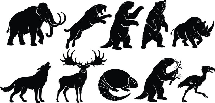 Silhouette illustrations of prehistoric and extinct animals. Ice age animals