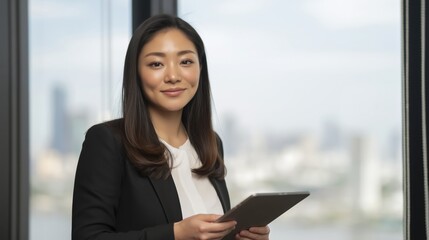 Fototapeta premium Asian Businesswoman Black Blazer Tablet Smiling Portrait