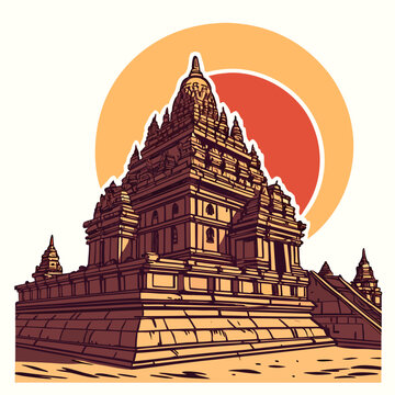 A stylized illustration depicts borobudur temple in indonesia set against a vibrant orange circular sun showcasing intricate architectural details high quality professional