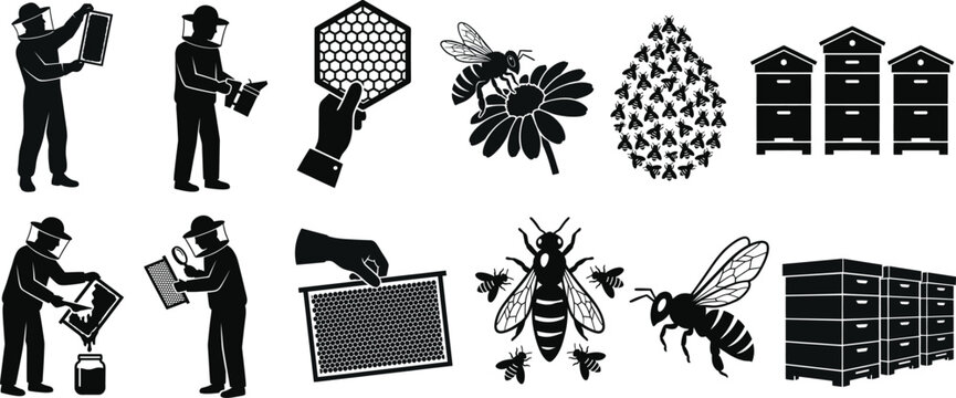 Beekeeping illustration showing beekeeper tools, bees, hives, and honeycomb frames