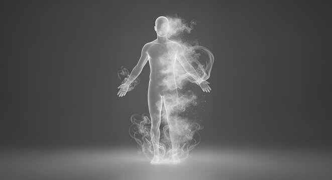 a human figure fading into transparent form against a gray background