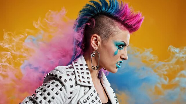 Vibrant woman with colorful mohawk hairstyle creates smoke effect. Bold makeup and punk fashion express creativity and individuality. Artistic atmosphere with lively colors enhances visual impact.