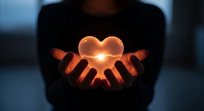 a person holding a dim glowing heart that is slowly fading