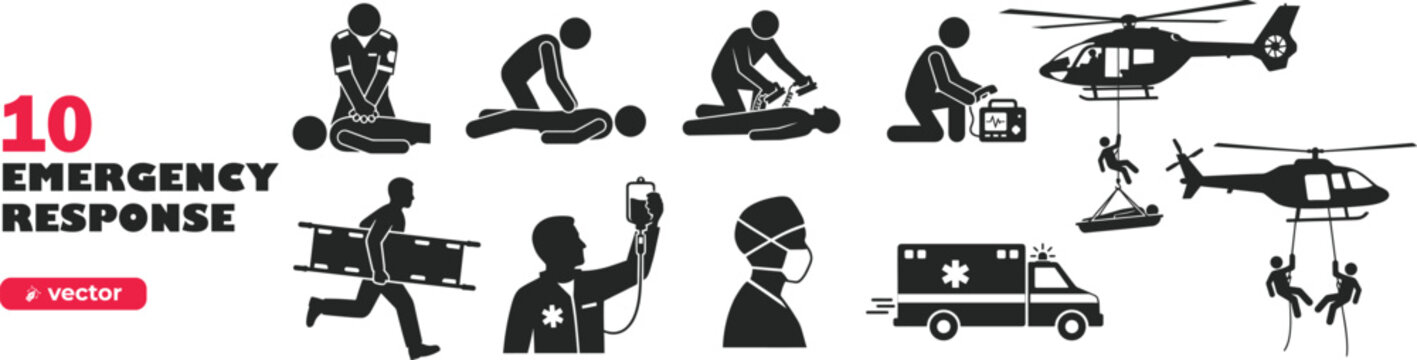 Emergency response team actions, rescue operations vector illustration