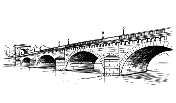 Paris ancient bridge sketch black and white vector urban line art architecture illustration