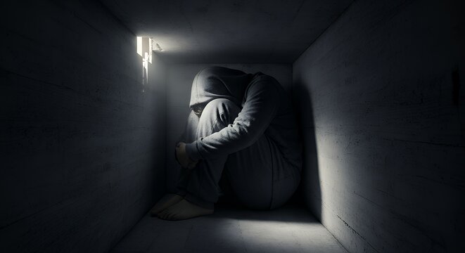 a person curled up inside a small dark space