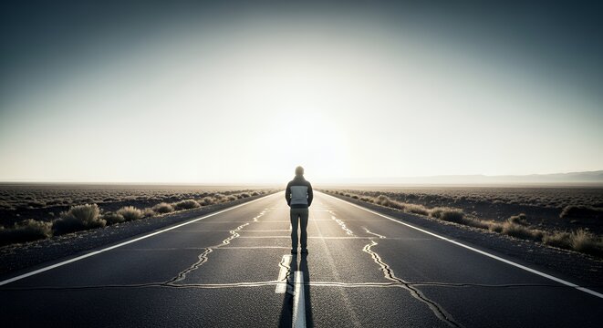 a person alone on an endless empty road