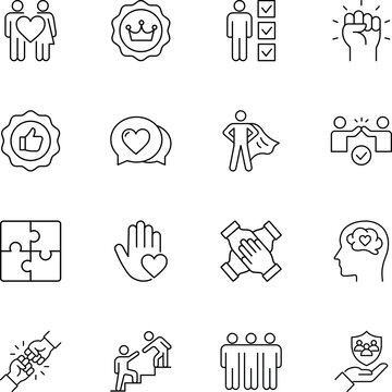 teamwork collaboration success leadership support icons, people, heart, handshake, hand, puzzle, cape, brain, shield