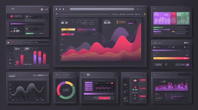 Digital dark mode application interface displays numerous data visualization elements for analysis