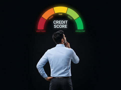 indian professional viewing credit score scale gauge in dark background representing loan eligibility financial assessment and banking concept