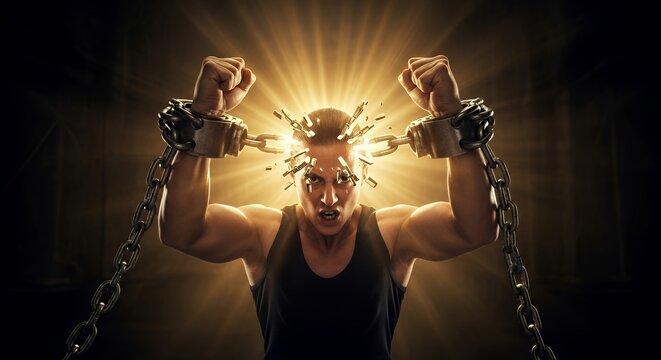 a person breaking chains with light bursting out