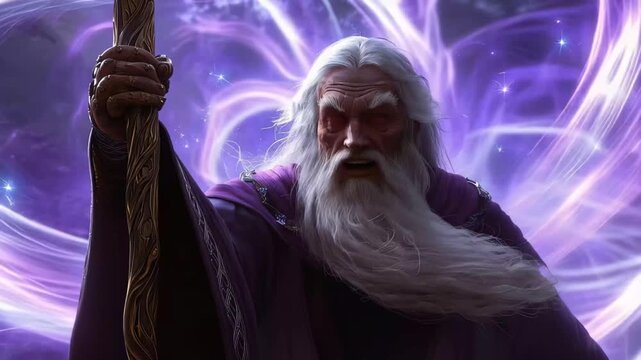 Sorcerer wielding power in dark setting with glowing eyes and staff surrounded by purple energy at night