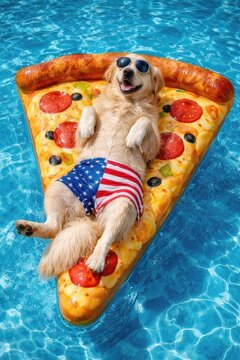 A golden retriever in American flag shorts and aviator sunglasses relaxes on a pizza float in a clear blue pool, capturing the essence of summer fun 