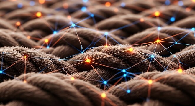 Macro view of textile threads, interwoven and illuminated by abstract digital data streams. Ideal for technology, science, or material innovation concepts.