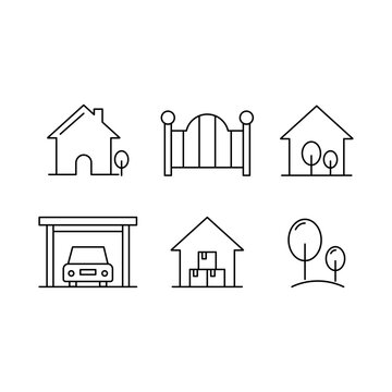 Minimal House Exterior Line Icon Set with Home, Garage, Gate and Moving Boxes