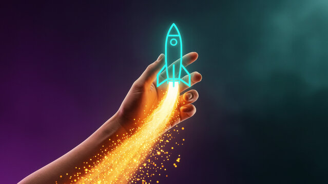 A hand launching a glowing rocket icon, representing startup, business growth, innovation, and successful rocket launch concepts