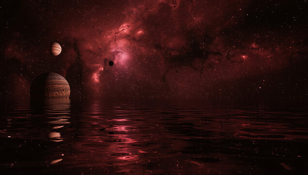 Surreal alien landscape featuring red nebula sky reflecting in calm dark ocean water with gas giant planets on distant horizon line
