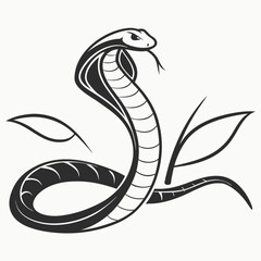 Fototapeta premium A striking black and white illustration depicts a cobra with its hood flared poised and ready to strike surrounded by decorative leaves