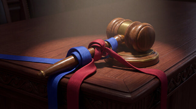 Diplomatic Gavel with Tangled Ribbons Symbolizing Political Polarization