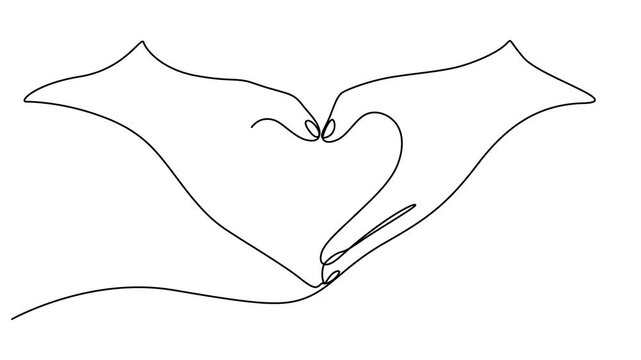 Self drawing animation of continuous one line hand holding heart on palm. Full length motion,  Animated continuous one line drawing of   hands holding heart. Love and care symbol. Charity or solidarit