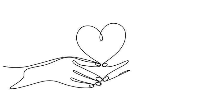 Self drawing animation of continuous one line hand holding heart on palm. Full length motion,  Animated continuous one line drawing of   hands holding heart. Love and care symbol. Charity or solidarit