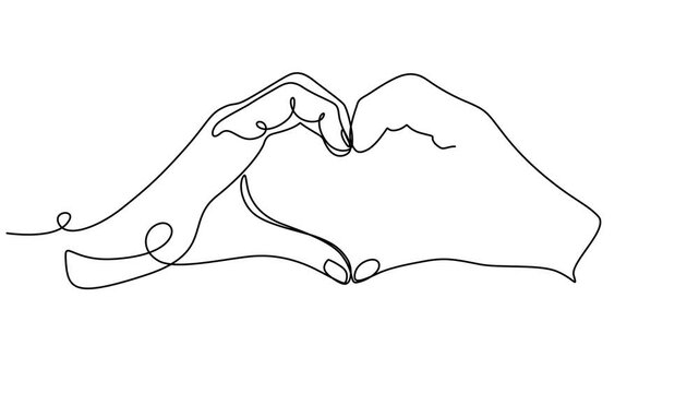 Self drawing animation of continuous one line hand holding heart on palm. Full length motion,  Animated continuous one line drawing of   hands holding heart. Love and care symbol. Charity or solidarit