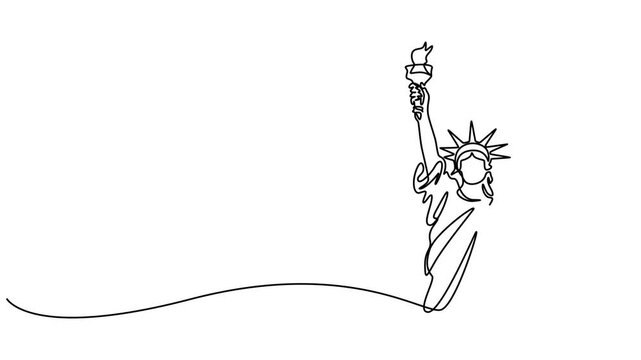 Animated self drawing of one continuous line draw Liberty Statue. Historical iconic place in New York, USA. Holiday vacation home decor wall art poster print concept. Full length motion, minimal style