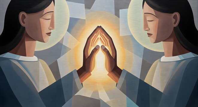 Stylized illustration of two symmetrical women touching hands with radiant light