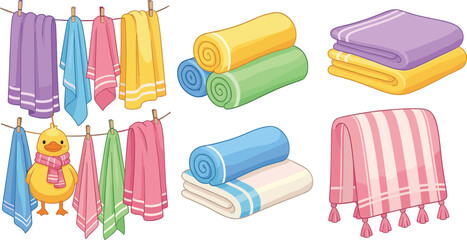 Colorful Towels and Blankets Vector Set with Hanging Cloth, Folded Linen Stacks, Rolled Fabric, and Cozy Home Textile Illustrations © MstBobita