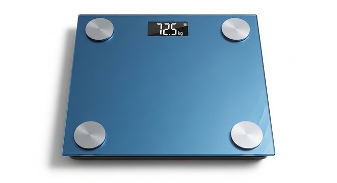 Blue digital bathroom scale with silver buttons isolated on white background