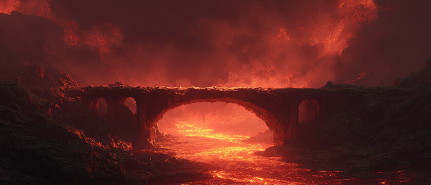 Ancient stone bridge spans a glowing river of lava surrounded by dramatic volcanic scenery and intense, fiery atmosphere.