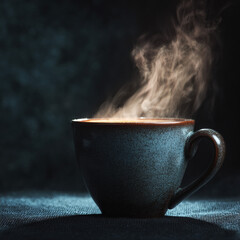 Fototapeta premium Hot coffee cup with steam on dark background