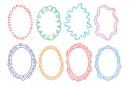 Elegant drawn lace frames set with vintage ornate borders in oval. Wavy abstract lace borders. Elegant whimsical hand-drawn circle
