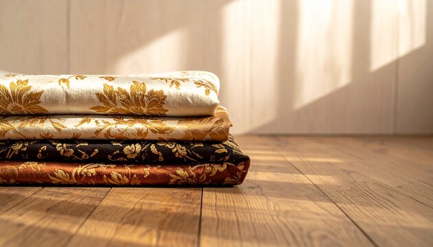 Stack of Ornate Patterned Fabrics with Floral Designs on Wooden Floor in Sunlight