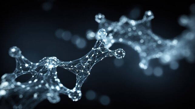 Glowing abstract molecular structure connects across a dark, ethereal background.