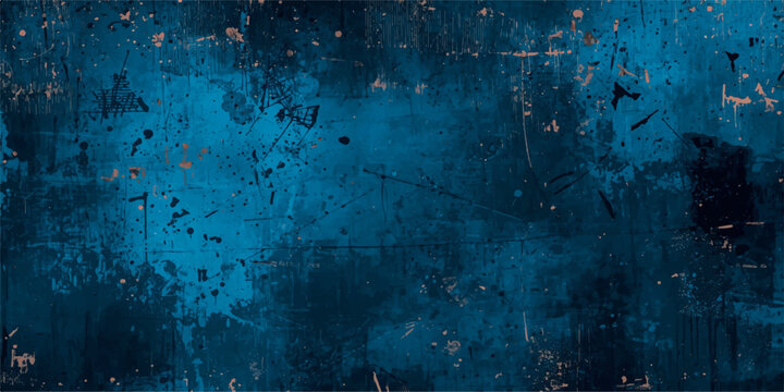 A dark blue vintage grunge wall background with a dirty aged paper texture and rusted paint design on a rough antique surface.