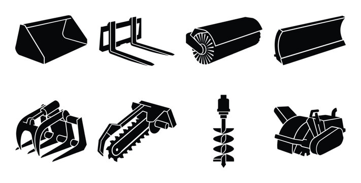 Construction equipment attachments set collection silhouette set for heavy machinery isolated on white background vector