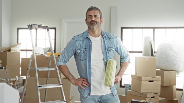 Man holding paint roller with hands on hips amid packed moving boxes and ladder in a building under renovation; satisfaction renovation.