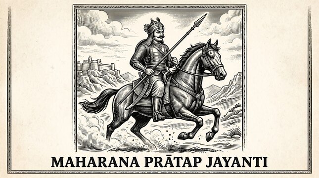 Maharana pratap jayanti vintage warrior illustration riding horse with spear in traditional attire for indian history culture poster design