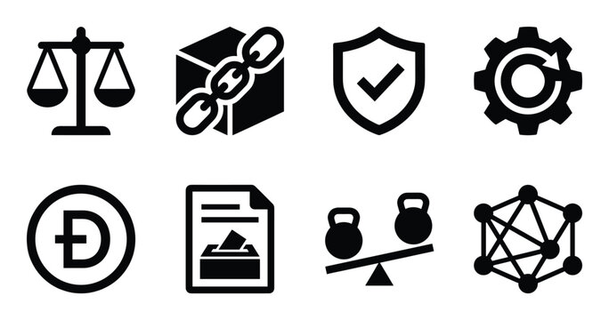 Decentralized autonomous organization finance and legal icons, including scales, blockchain, and voting symbols.