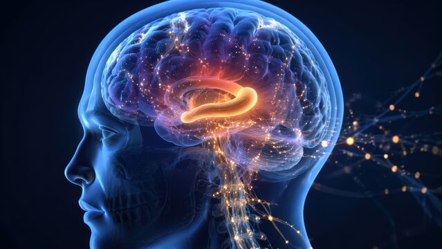 Digital Human Brain Visualization with Neural Network Connections and Glowing Hippocampus on Dark Background