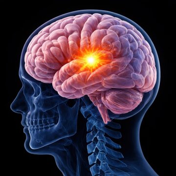 3D medical illustration of human brain with glowing pain point in temporal lobe, profile view