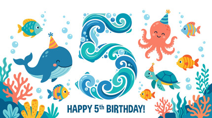 Happy 5th Birthday Ocean Theme – Cartoon Fish, Whale and Number Five Illustration © YaVec25