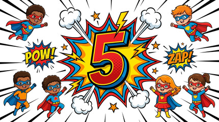 Kids 5th Birthday Superhero Theme – Cute Cartoon Heroes with Number 5 Vector © YaVec25