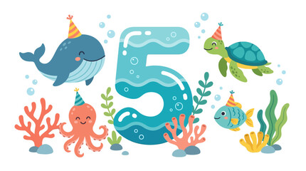 Fototapeta premium Kids 5th Birthday Ocean Theme – Cute Underwater Party with Number 5 Vector
