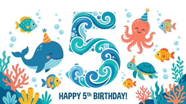 Happy 5th Birthday Ocean Theme &ndash; Cartoon Fish, Whale and Number Five Illustration